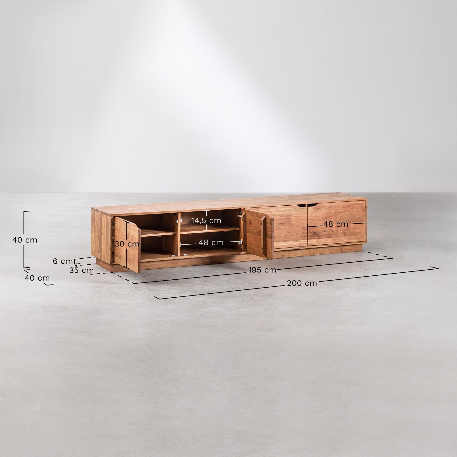 Szafka RTV 200x40 cm z drewna akacjowego Tasmani, rozmiary