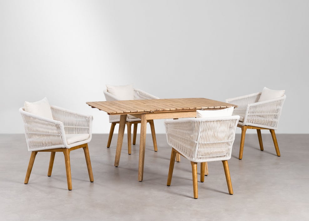 Zestaw stołu z drewna eukaliptusowego 90-150x90 cm rozkładany Naele oraz 4 krzesła ogrodowe z drewna akacjowego Barker