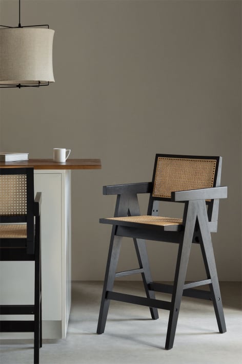 Taboret wysoki 65 cm z czarnego drewna jesionowego i rattanu Lali