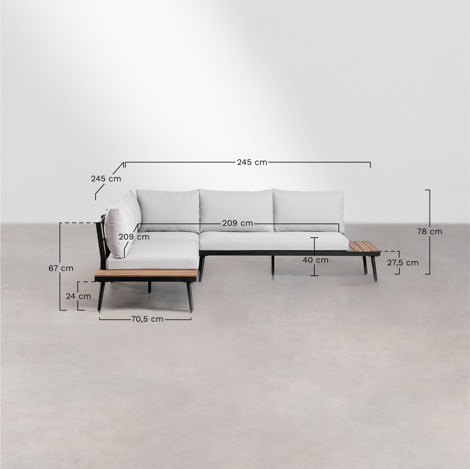 Zestaw ogrodowy z 4-osobową sofą narożną i stolikiem kawowym z aluminium i drewna akacjowego Kalen      , rozmiary