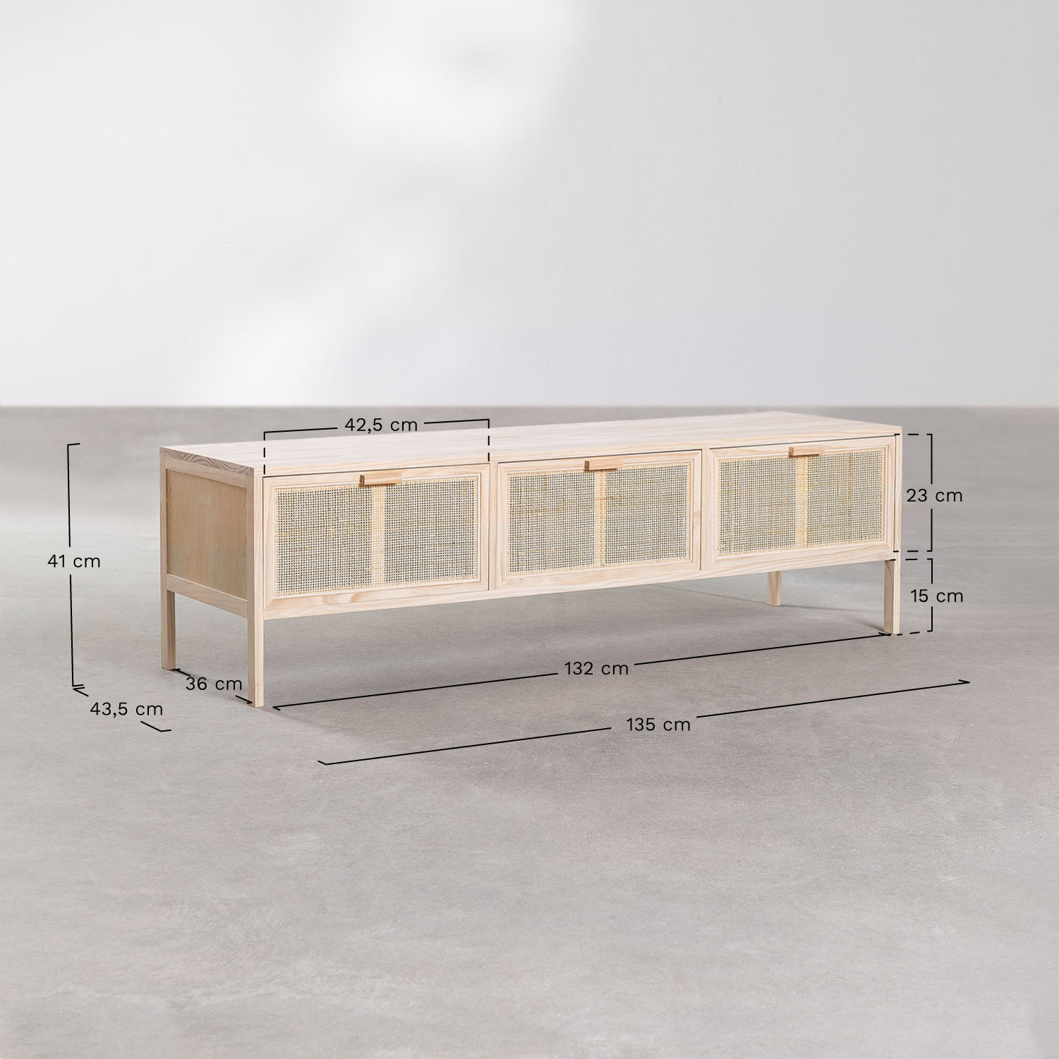 Szafka RTV z rattanu i drewna Reyna, rozmiary