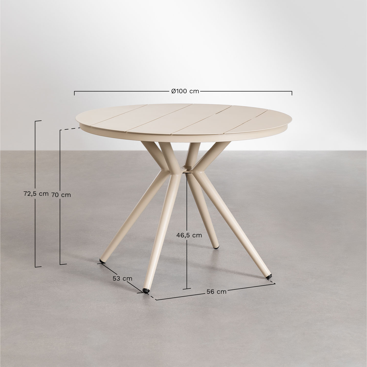 Zestaw okrągłego stołu Ø100 cm Valerie i 4 sztaplowanych krzeseł ogrodowych z aluminium Karena, rozmiary