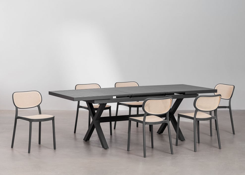 Zestaw stołu prostokątnego 180-240x90 cm rozkładanego z aluminium Karena oraz 6 krzeseł ogrodowych z polipropylenu Omara