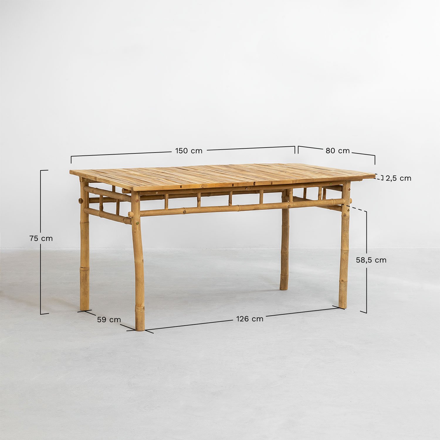 Prostokątny stół ogrodowy 150x80 cm z bambusa Marilin, rozmiary