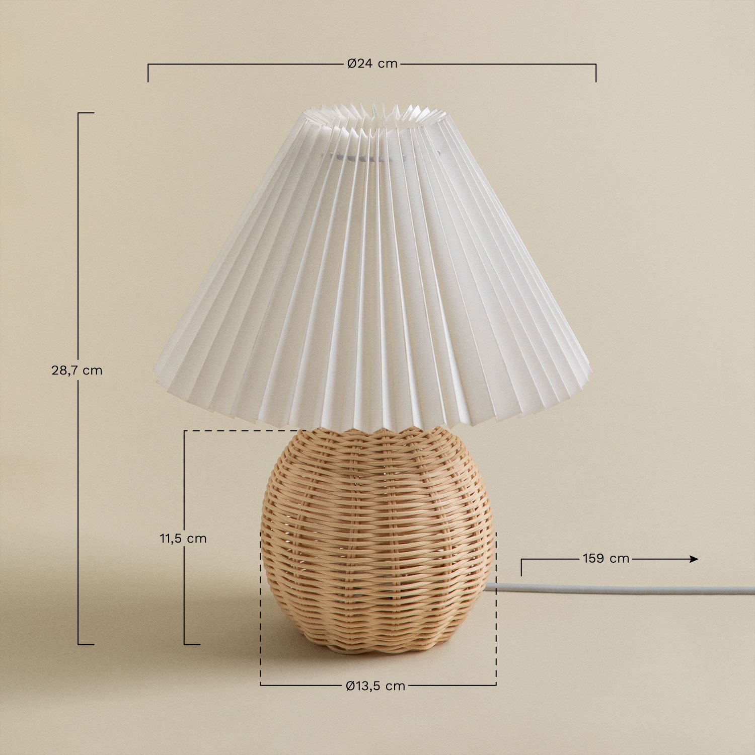Rattanowa lampa stołowa Oliag, rozmiary