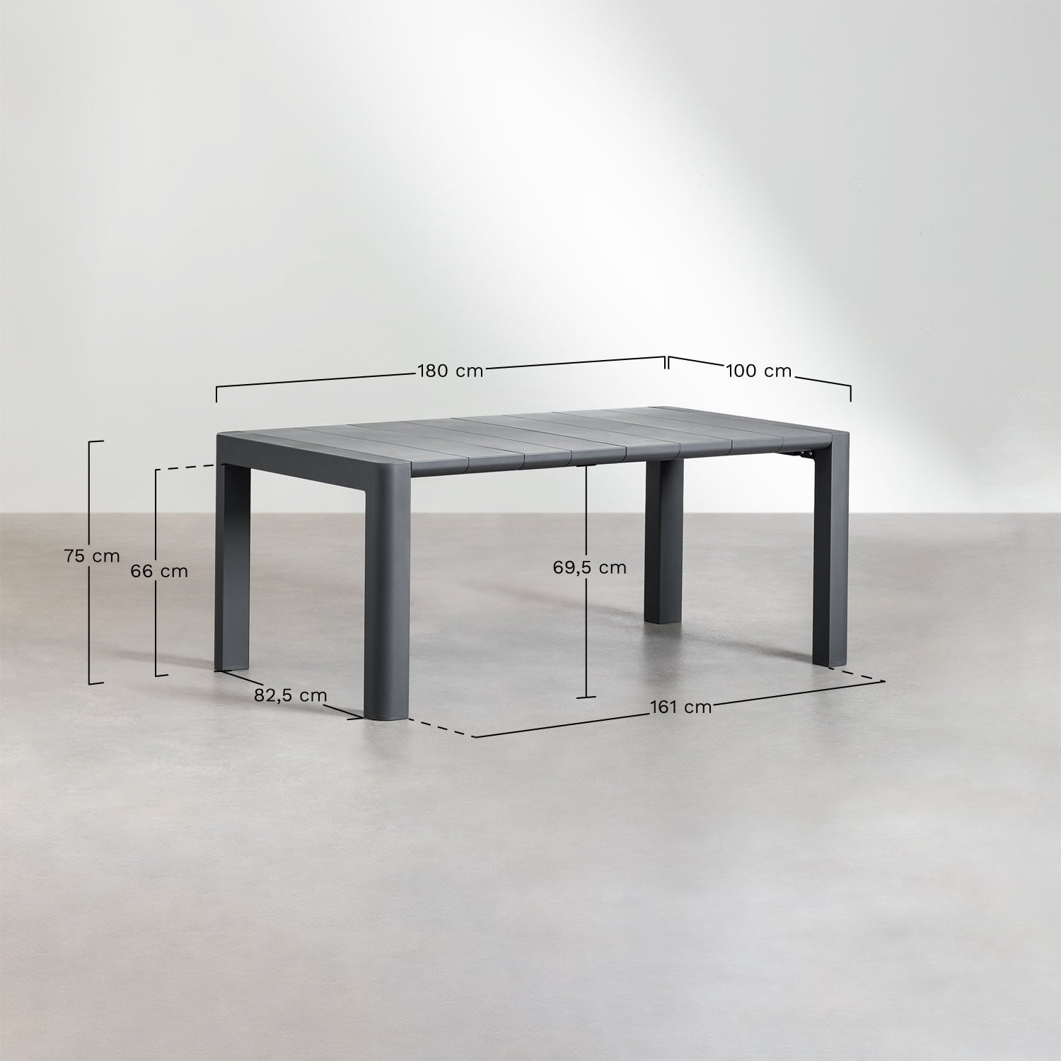 Zestaw prostokątny stół Arnadine (180x100 cm) i 6 krzeseł ogrodowych Maeba, rozmiary
