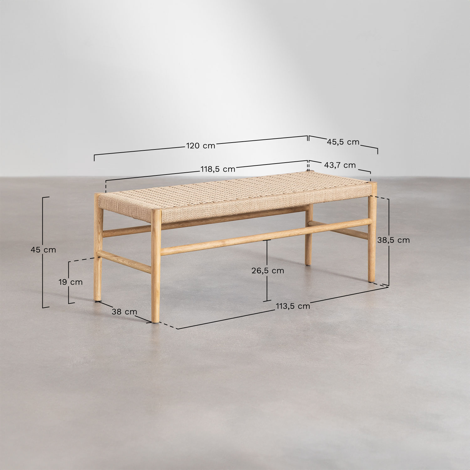 Ławka z drewna dębowego i plecionej liny Mara, rozmiary