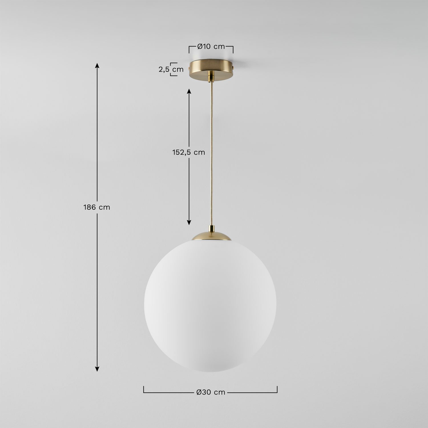 Żelazna lampa sufitowa ze szklaną kulą Uvol      , rozmiary