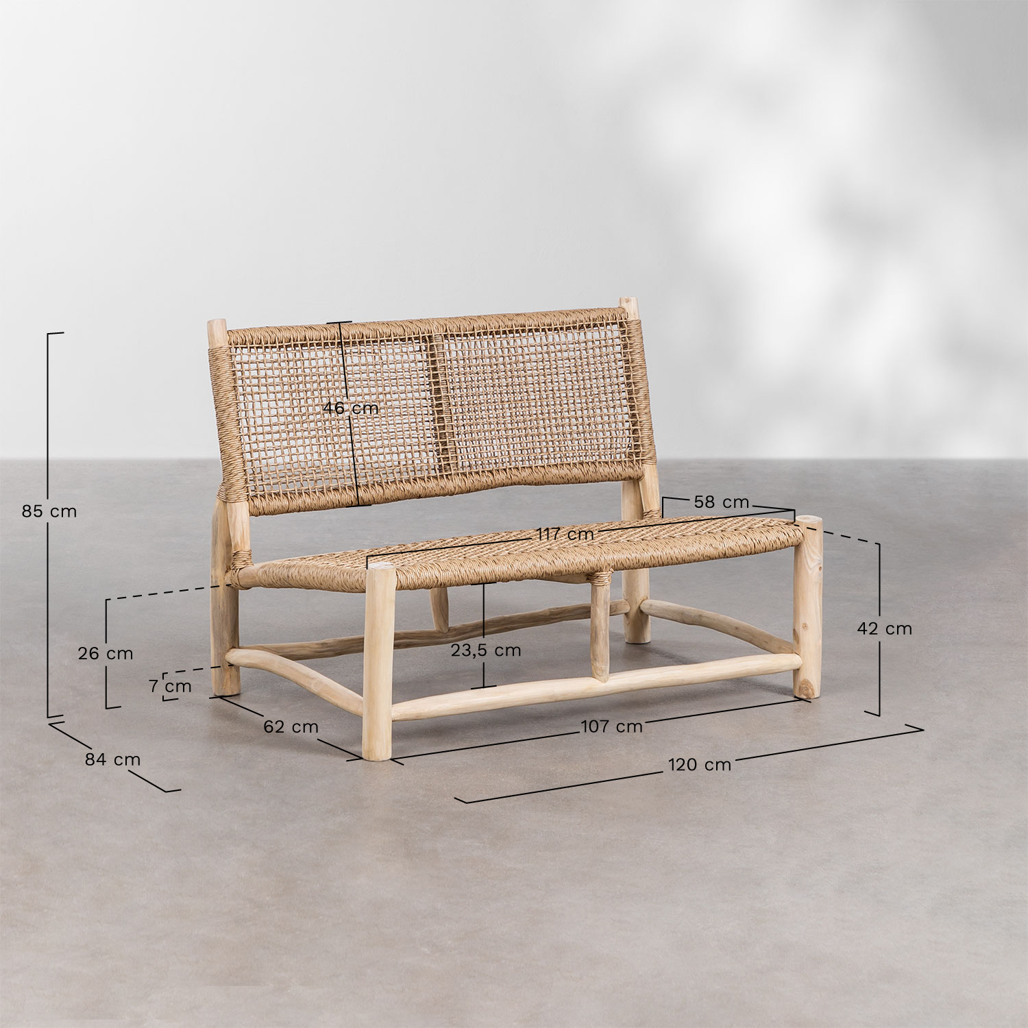 Dwuosobowa sofa ogrodowa z drewna tekowego Bientina, rozmiary