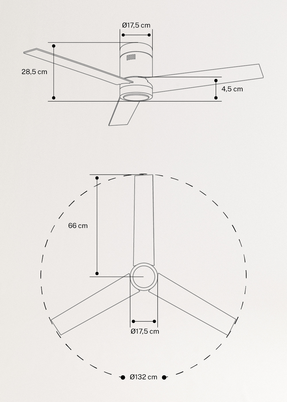 CREATE - WIND MINIMAL - Wentylator sufitowy 40W cichy Ø132 cm i oświetleniem LED 15W, rozmiary