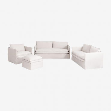 Zestaw Do Salonu Z Sofą 2-osobową, Sofą 3-osobową, Fotelem I Pufą Z Lnu I Bawełny Grace Tkaniny Distressed White - Sklum