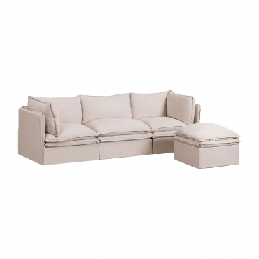 3-częściowa Modułowa Sofa I Pufa Grace Z Lnu I Bawełny Tkaniny Beige - Sklum