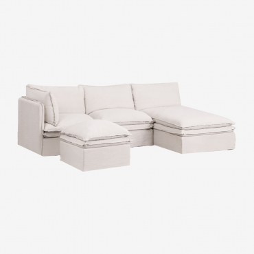 Trzyczęściowa Szezlong Modułowa I Pufa Grace Z Lnu I Bawełny Tkaniny Distressed White - Sklum
