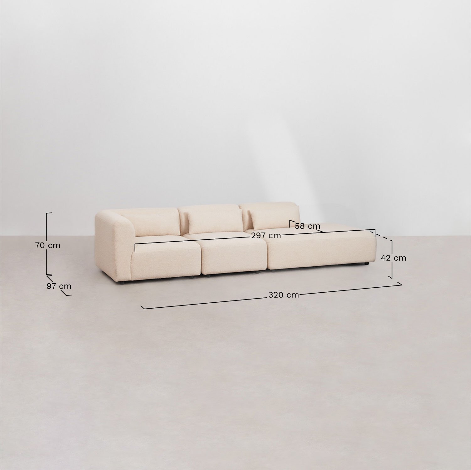 3-częściowa narożna sofa modułowa Fogler z prawym szezlongiem, rozmiary