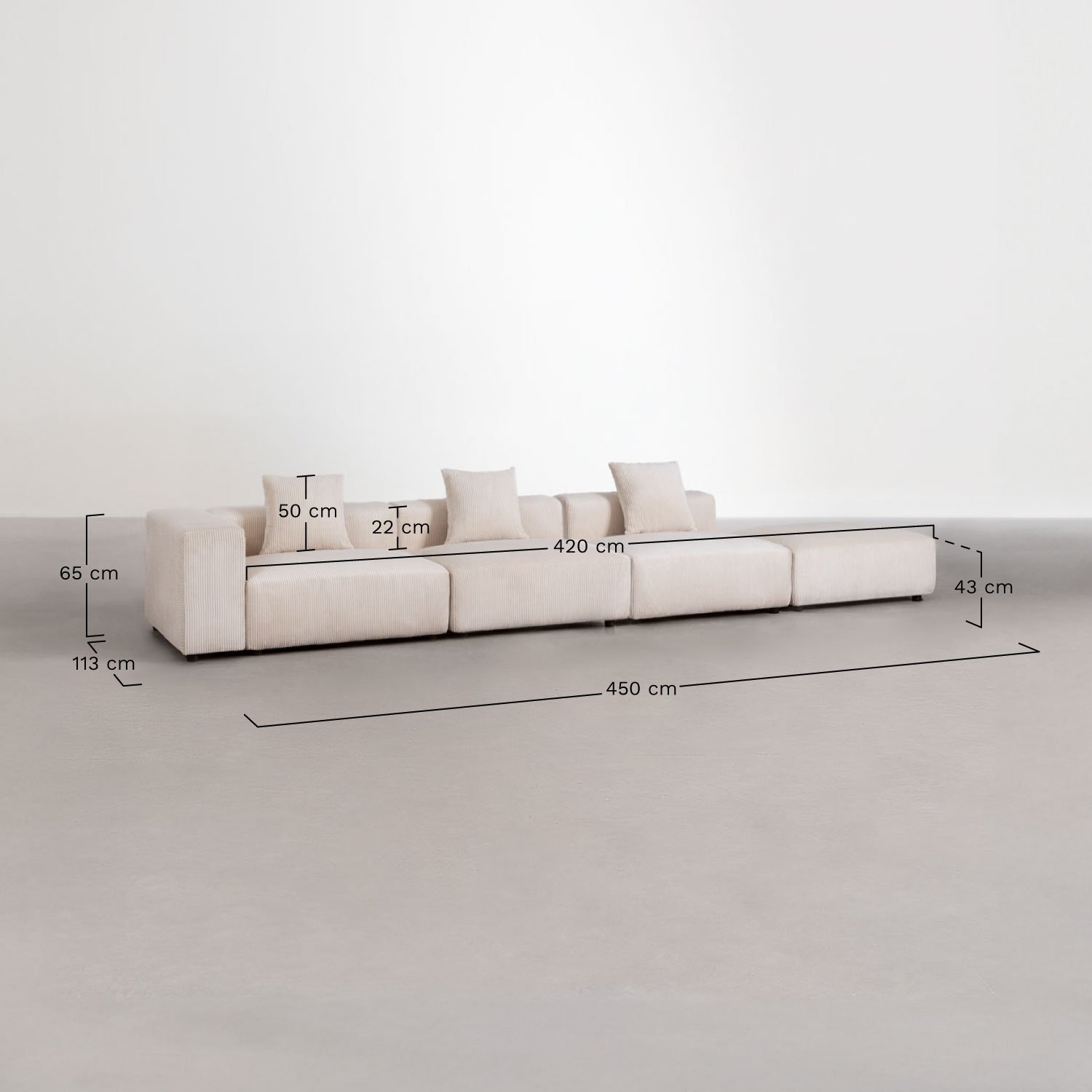 3-częściowa modułowa sofa narożna lewostronna z wysokim podłokietnikiem i pufem ↔︎450 cm Bruna, rozmiary