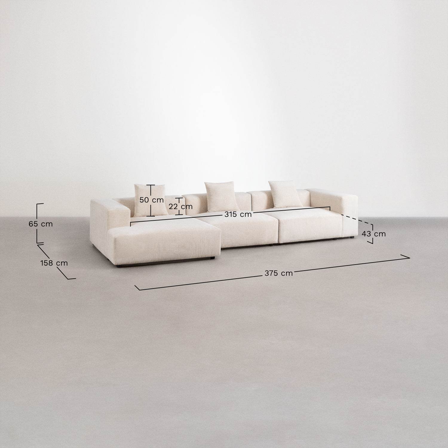 Modułowa sofa z szezlongiem lewostronnym, 3-częściowa ↔︎375 cm z wysokim podłokietnikiem Bruna, rozmiary