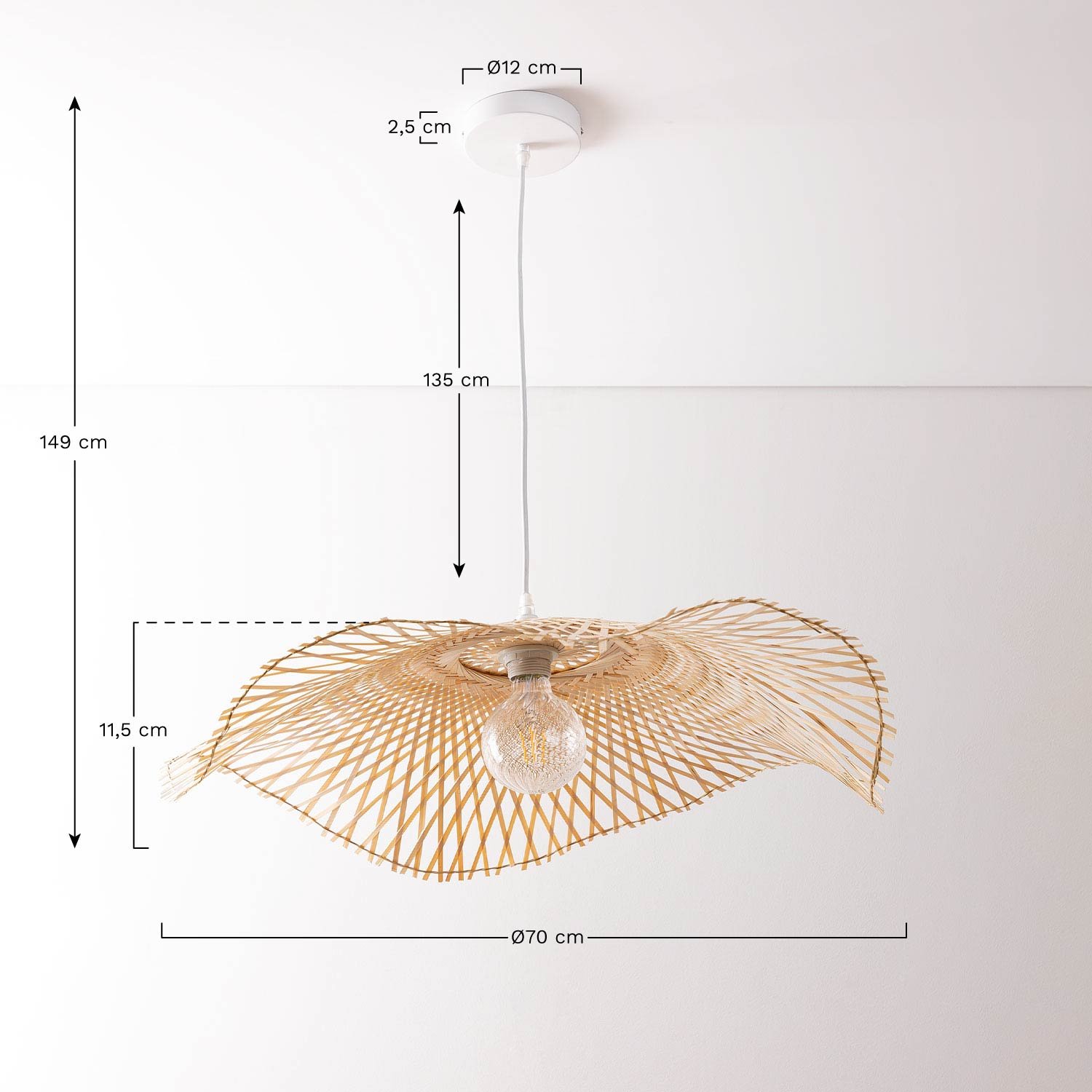 Bambusowa lampa sufitowa Pamell, rozmiary