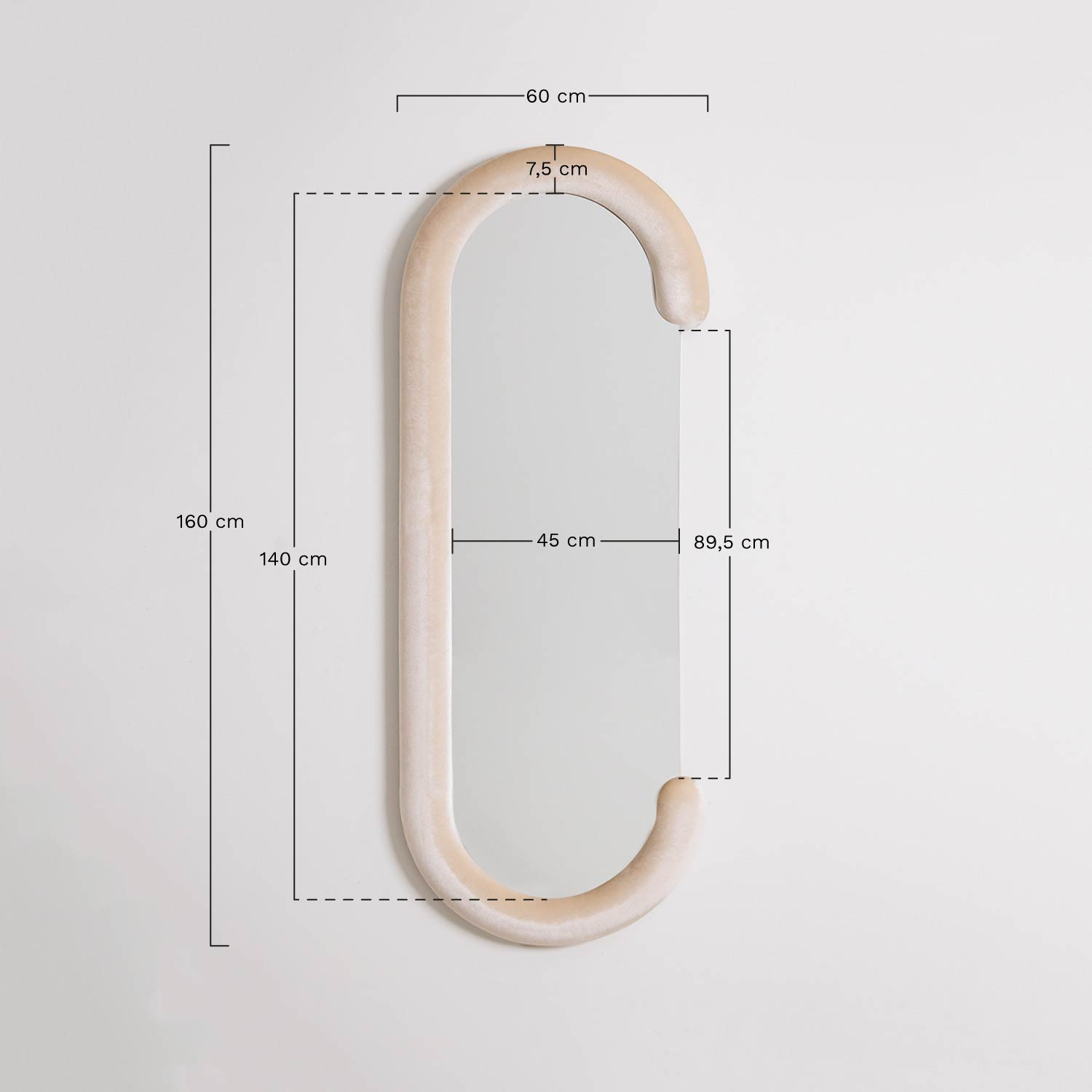 Owalne lustro ścienne w aksamicie 60x160 cm Jasnon, rozmiary