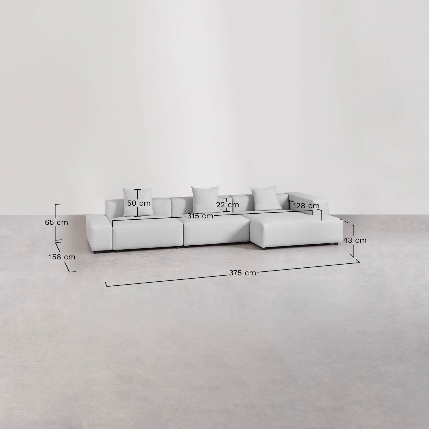 Sofa modułowa z szezlongiem prawym, 3-częściowa (↔︎375 cm) Bruna, rozmiary