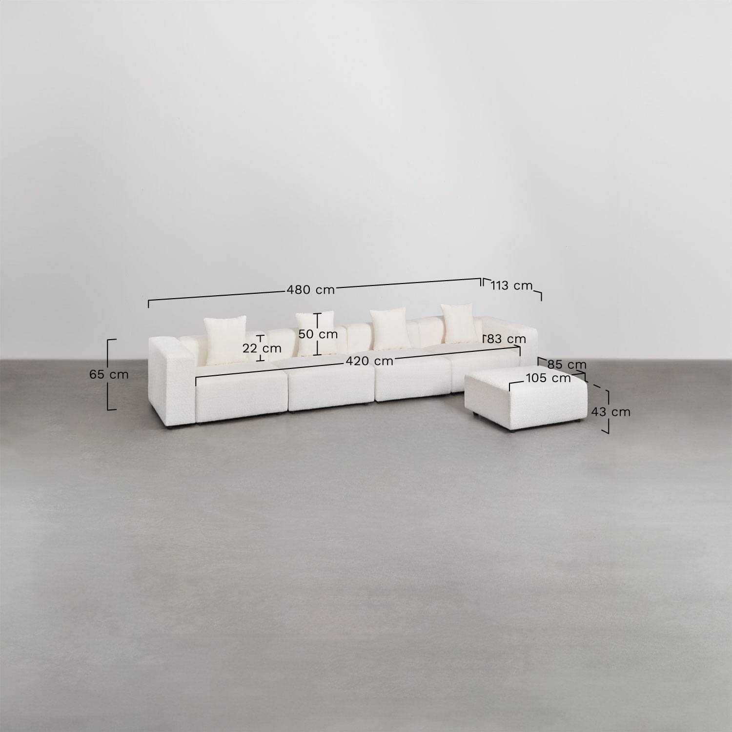 Modułowa sofa 4-częściowa z wysokimi podłokietnikami i pufą ↔︎480 cm Bruna, rozmiary