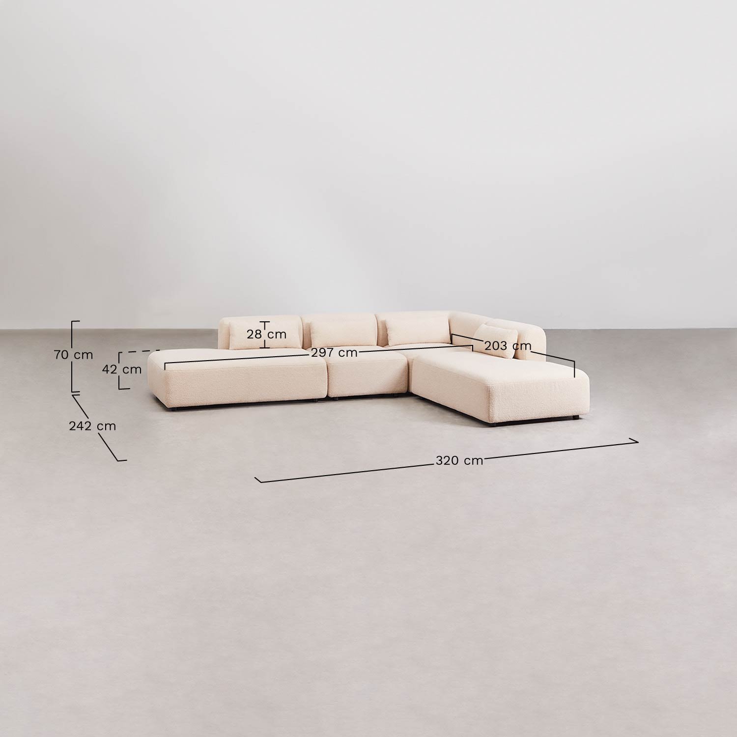 Fogler 4-częściowa narożna sofa modułowa z podwójnym szezlongiem, rozmiary