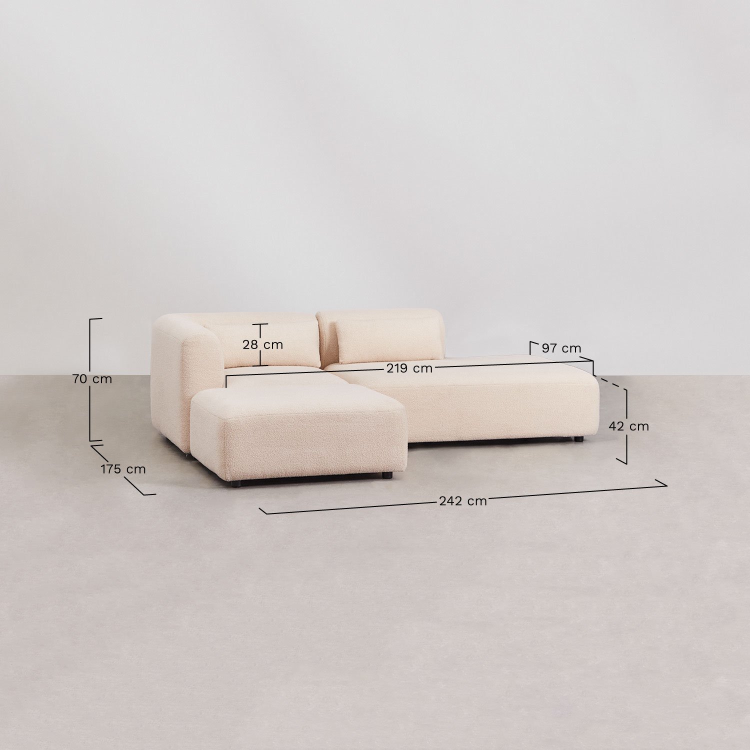 Dwuczęściowa narożnikowa sofa modułowa z prawym szezlongiem i pufą Fogler, rozmiary