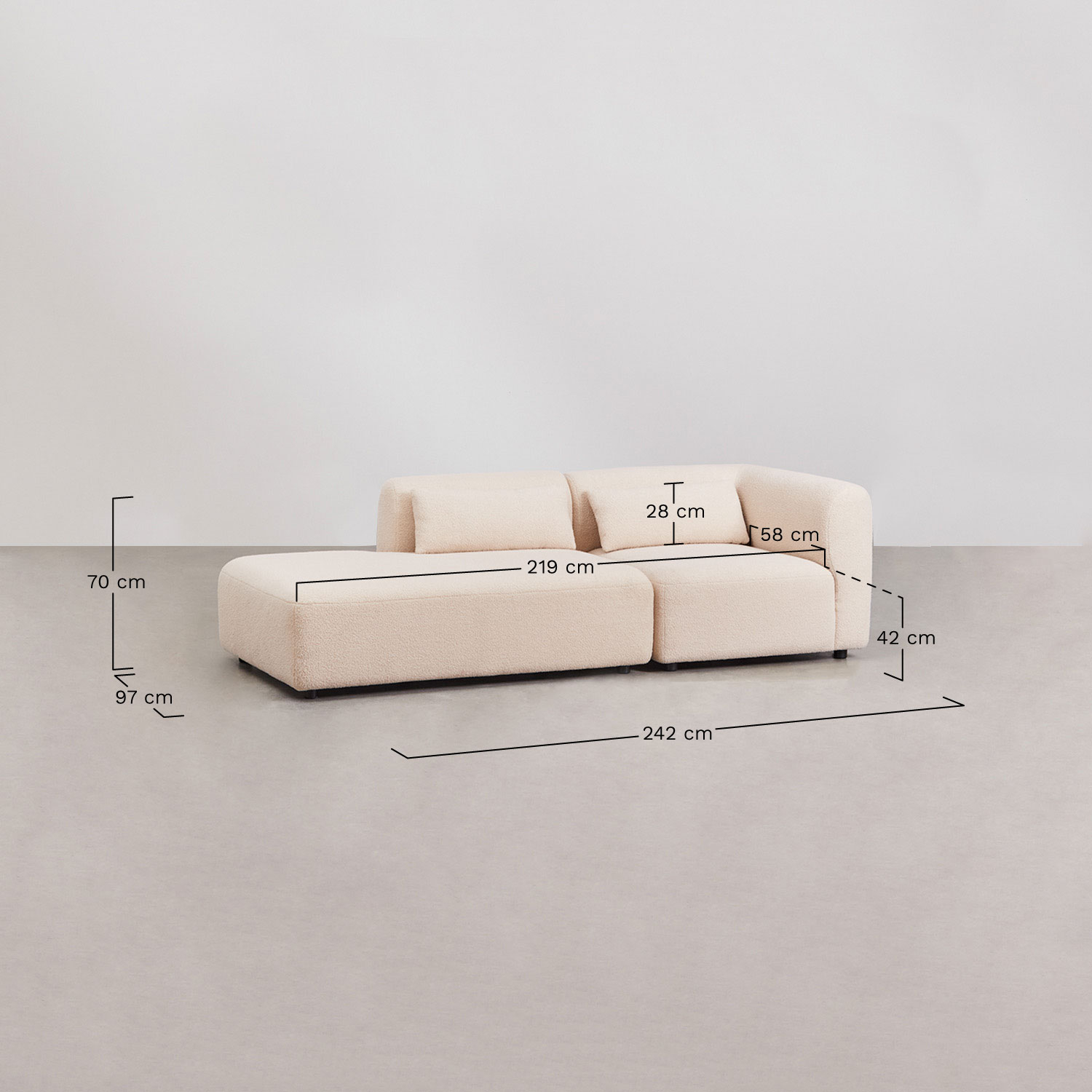 Fogler 2-częściowa narożna sofa modułowa z lewym szezlongiem, rozmiary