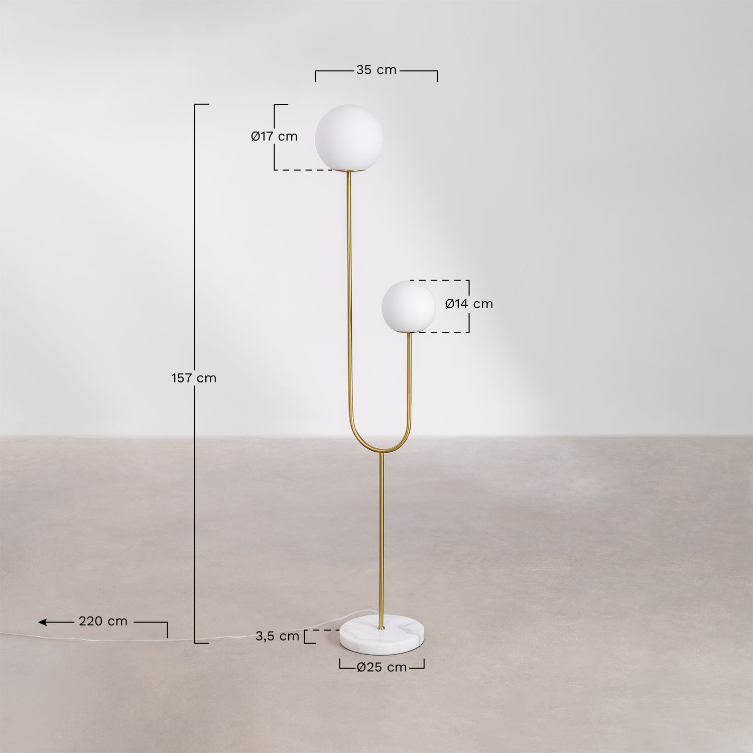 Lampa podłogowa z żelaza, marmuru i dwóch szklanych kul Niama     , rozmiary
