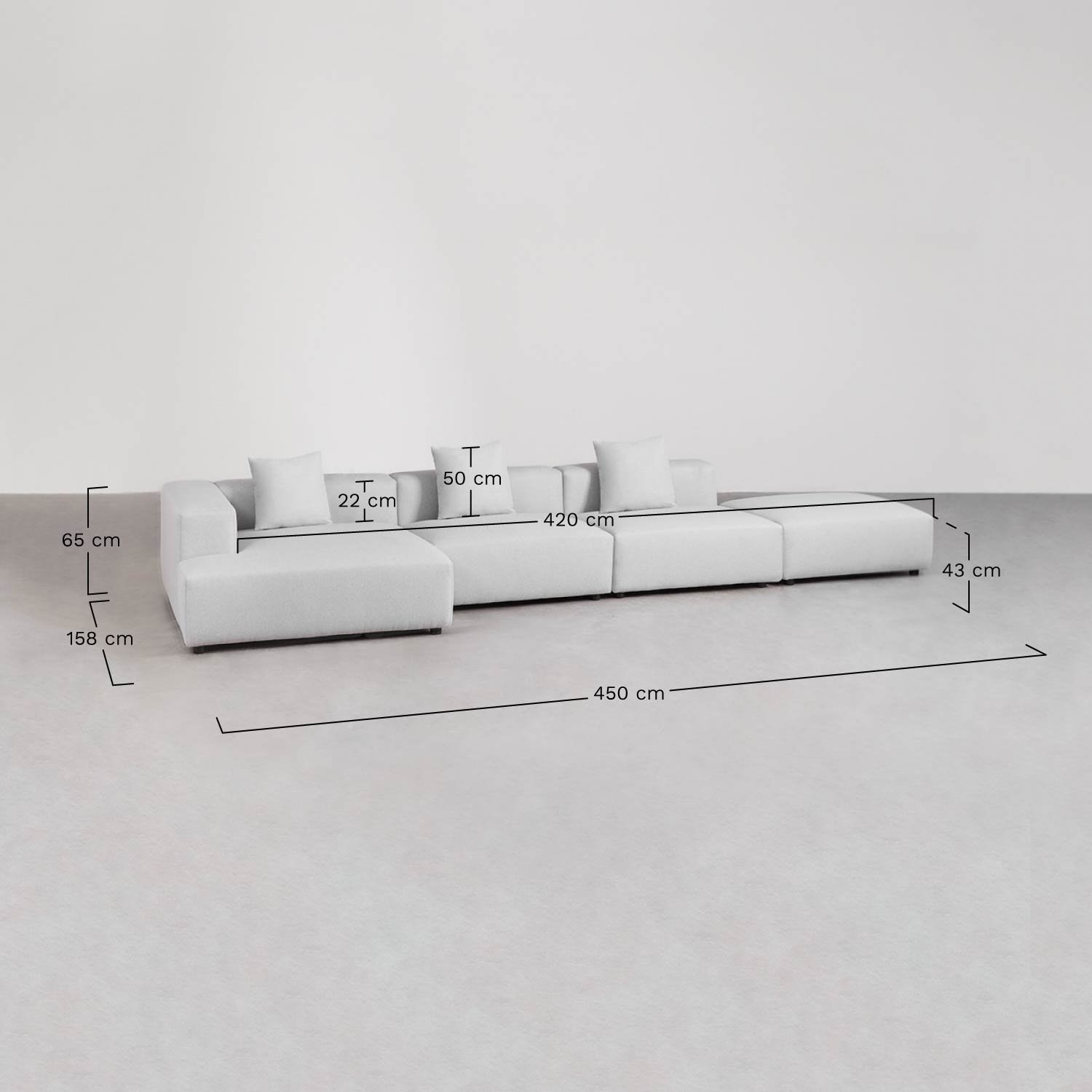 Sofa modułowa z szezlongiem narożnym lewym, 3-częściowa z pufą ↔︎450 cm Bruna, rozmiary