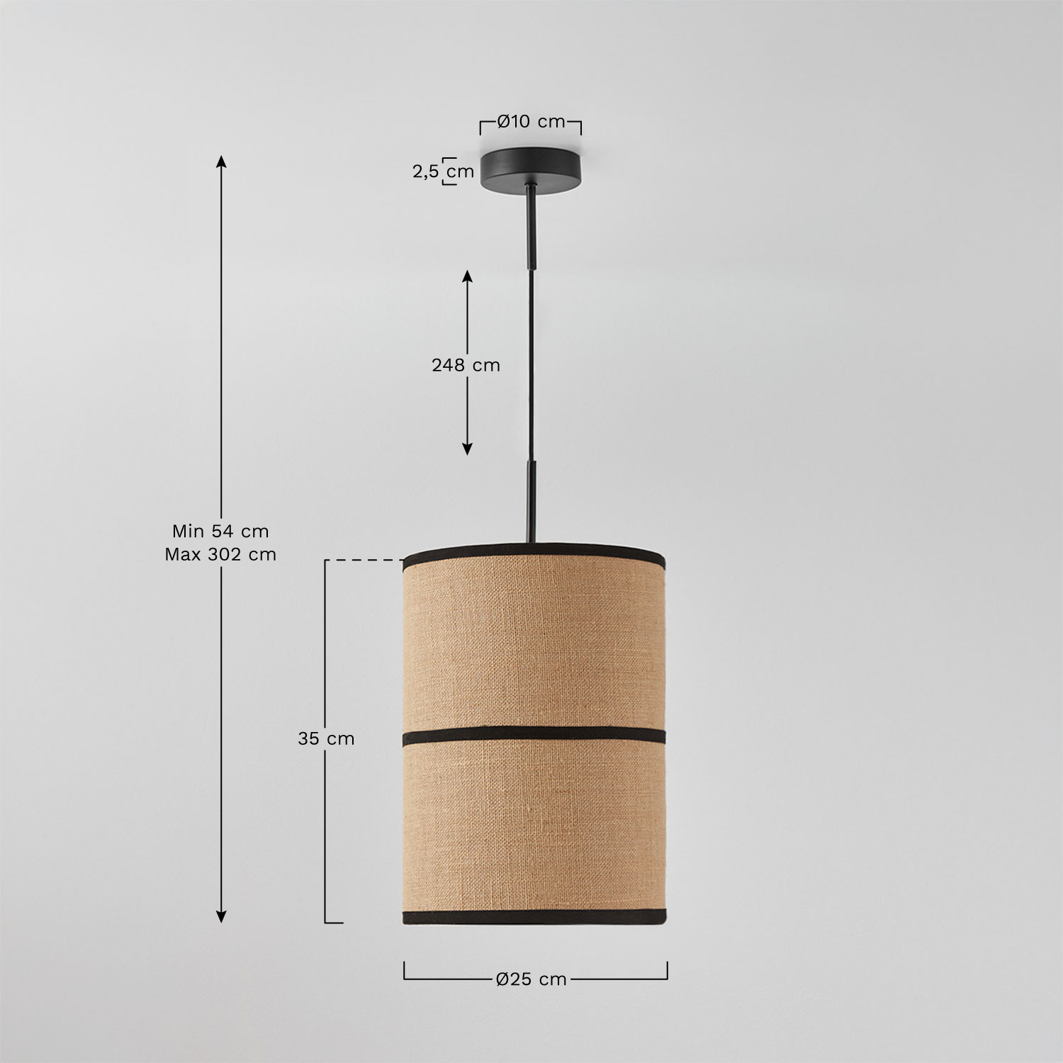 Lampa sufitowa wisząca z juty i bawełny Olinda, rozmiary