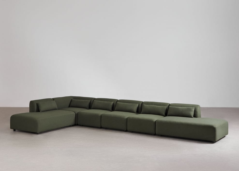 Fogler 6-częściowa narożna sofa modułowa z podwójnym szezlongiem - Chenille Salvia Zieleń