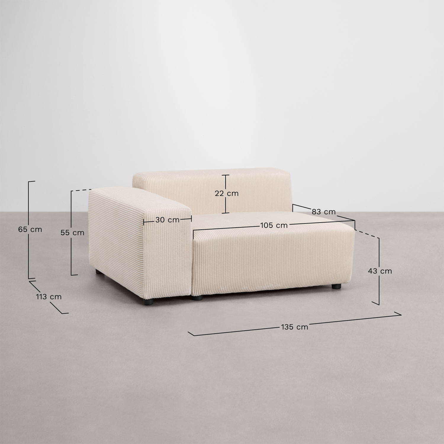 Lewy moduł narożny 135x113 cm z niskim podłokietnikiem do sofy modułowej Bruna, rozmiary