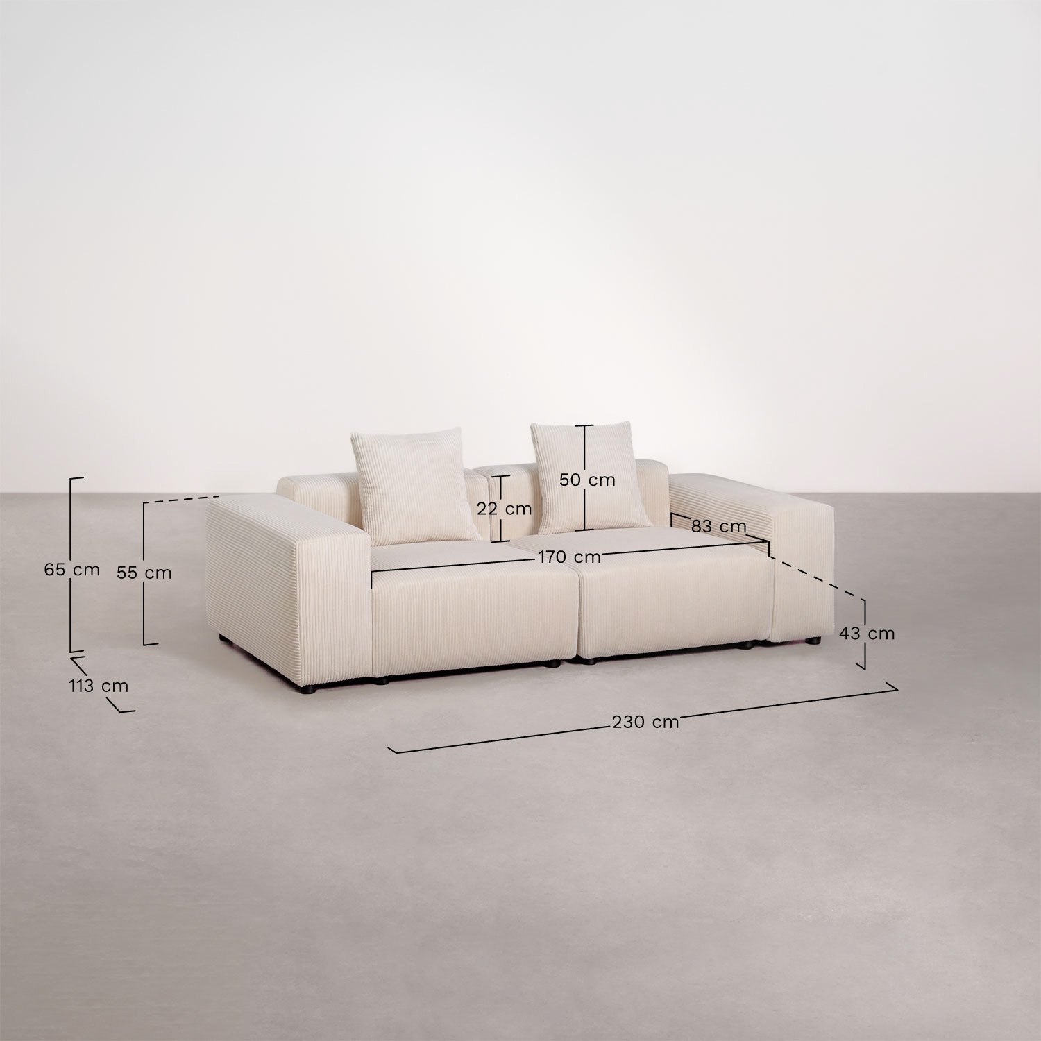 Dwuczęściowa sofa modułowa (↔︎230 cm) z niskimi podłokietnikami Bruna  , rozmiary