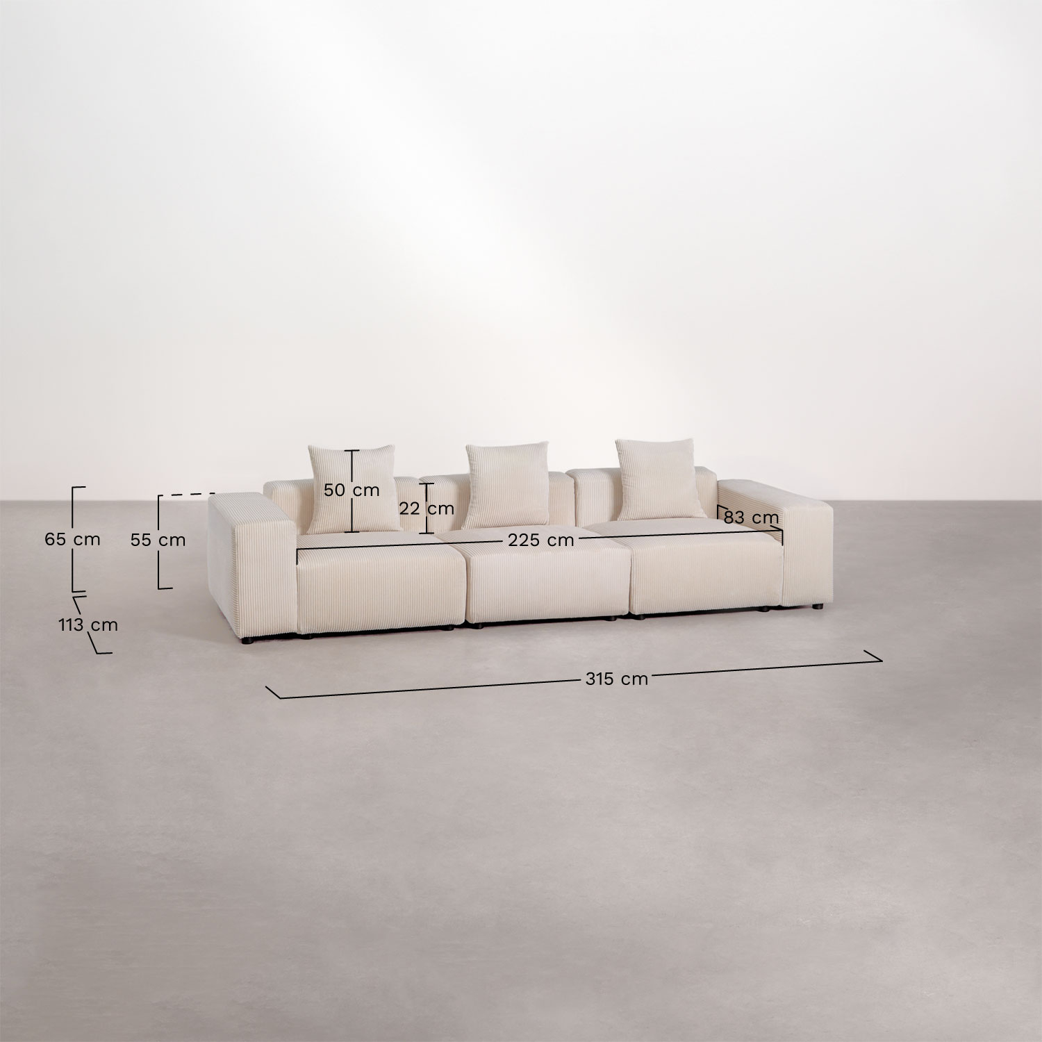 Sofa modułowa 3-częściowa ↔︎315 cm z niskim podłokietnikiem Bruna, rozmiary