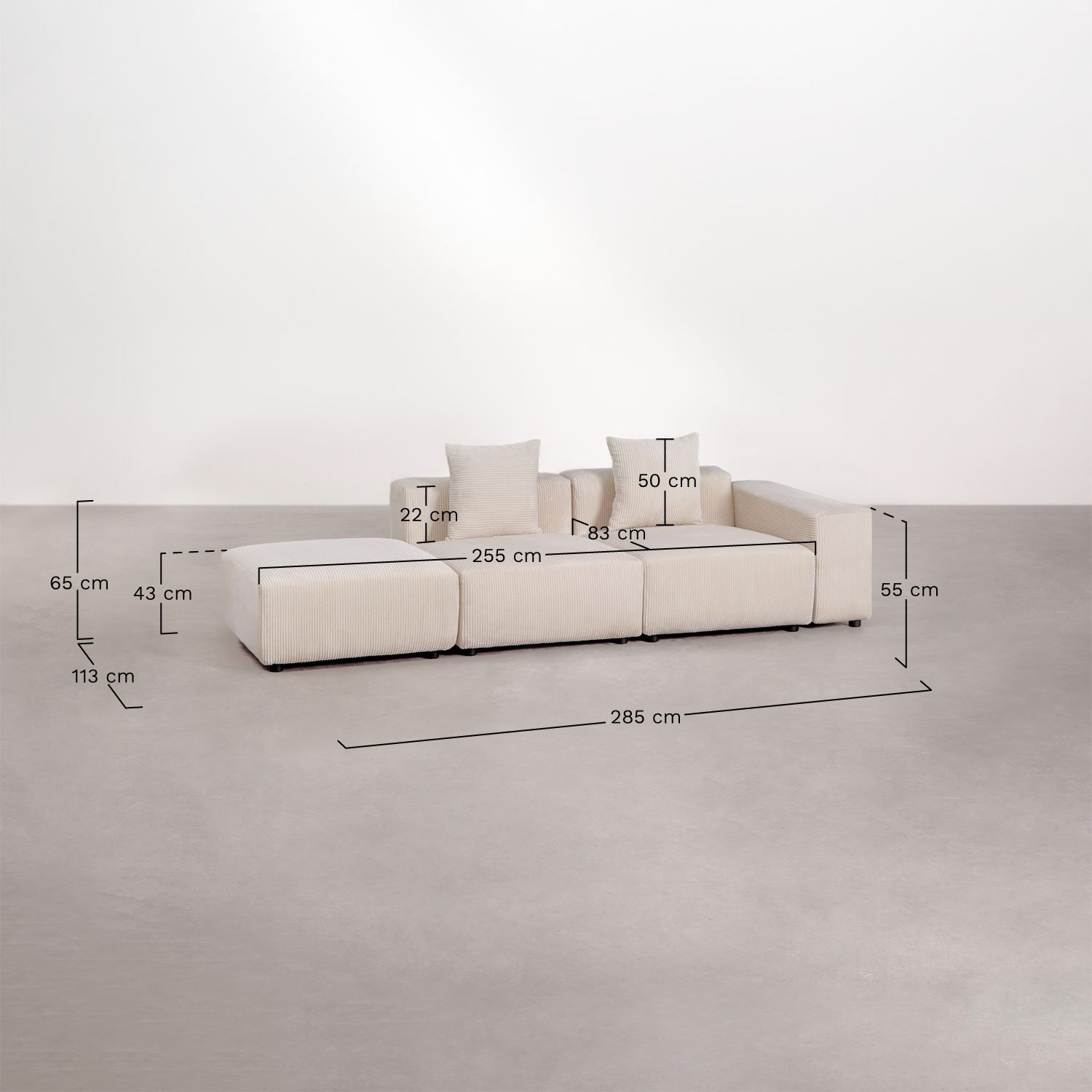 Sofa modułowa narożna prawa z 2 częściami z niskim podłokietnikiem i pufą ↔︎285 cm Bruna, rozmiary