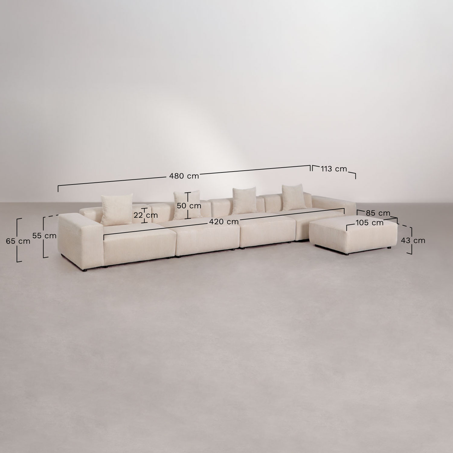 Modułowa sofa 4-częściowa z niskimi podłokietnikami i pufem ↔︎480 cm Bruna, rozmiary