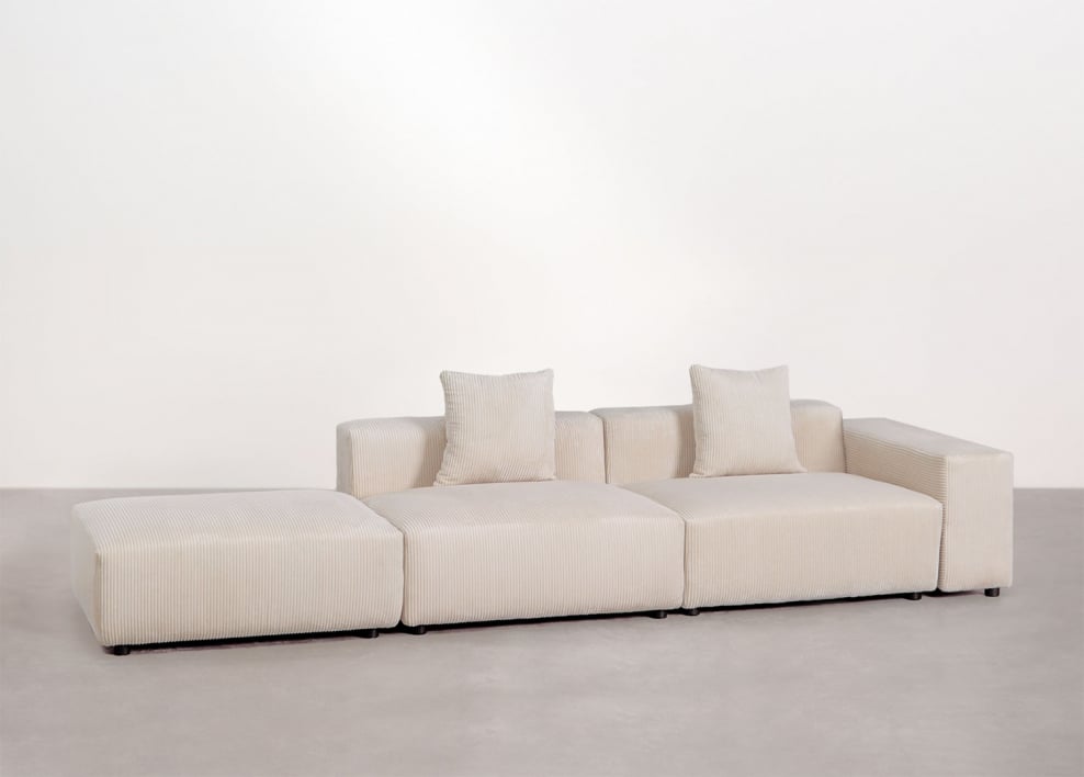 Sofa modułowa narożna prawa z 2 częściami, niskim podłokietnikiem i pufą ↔︎345 cm Bruna