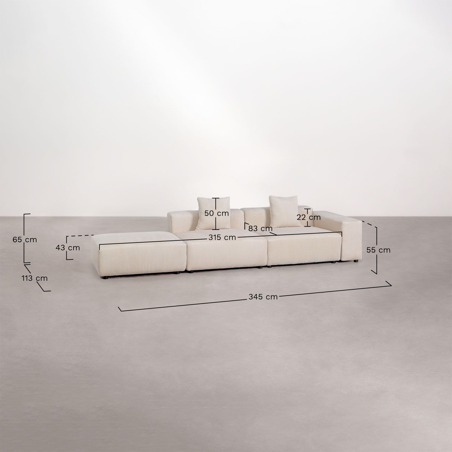 Sofa modułowa narożna prawa z 2 częściami, niskim podłokietnikiem i pufą ↔︎345 cm Bruna, rozmiary