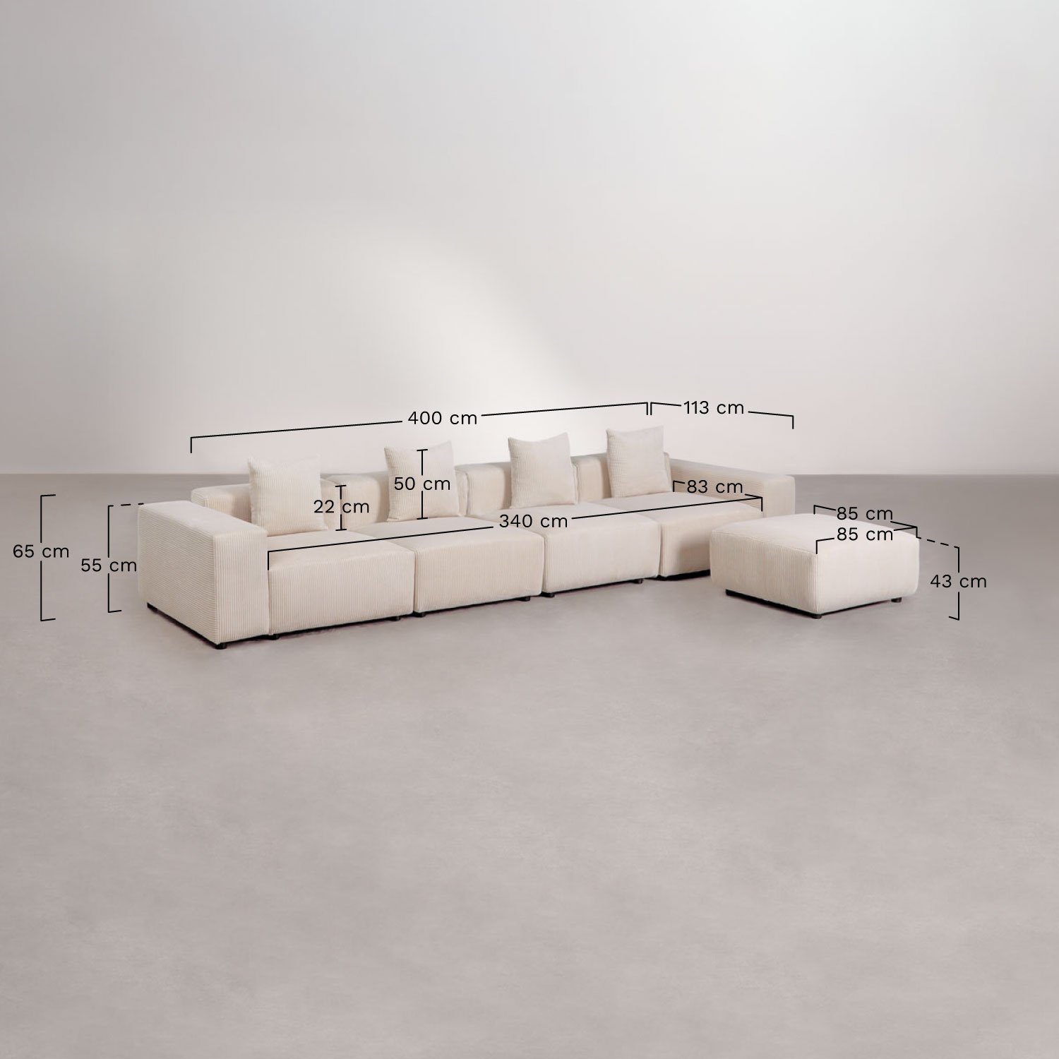 Modułowa sofa 4-częściowa z niskimi podłokietnikami i pufą ↔︎400 cm Bruna, rozmiary