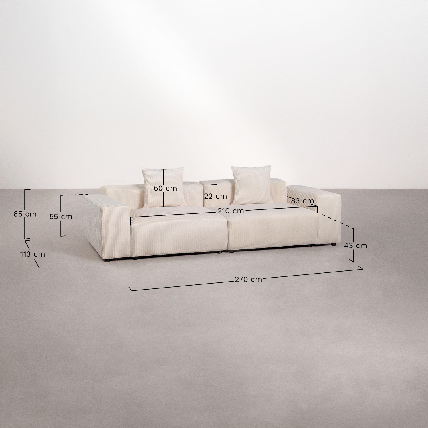 Modułowa sofa 2-częściowa ↔︎270 cm z niskim podłokietnikiem Bruna, rozmiary