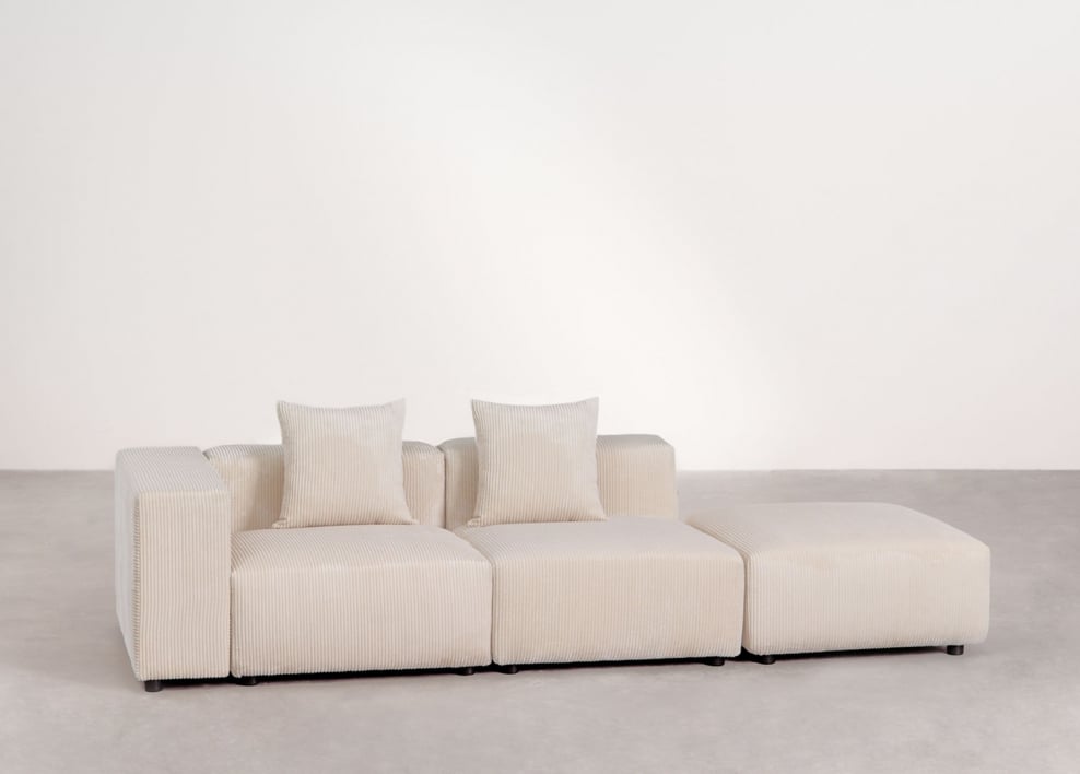 Modułowa sofa narożna lewostronna z 2 części z wysokim podłokietnikiem i pufą ↔︎285 cm Bruna - Sztruksu beżowy len