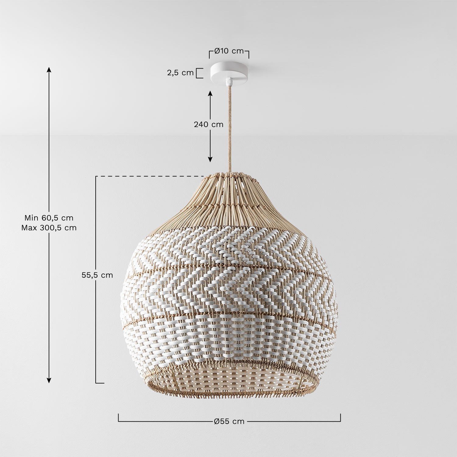 Lampa sufitowa z plecionego rattanu Llaury, rozmiary