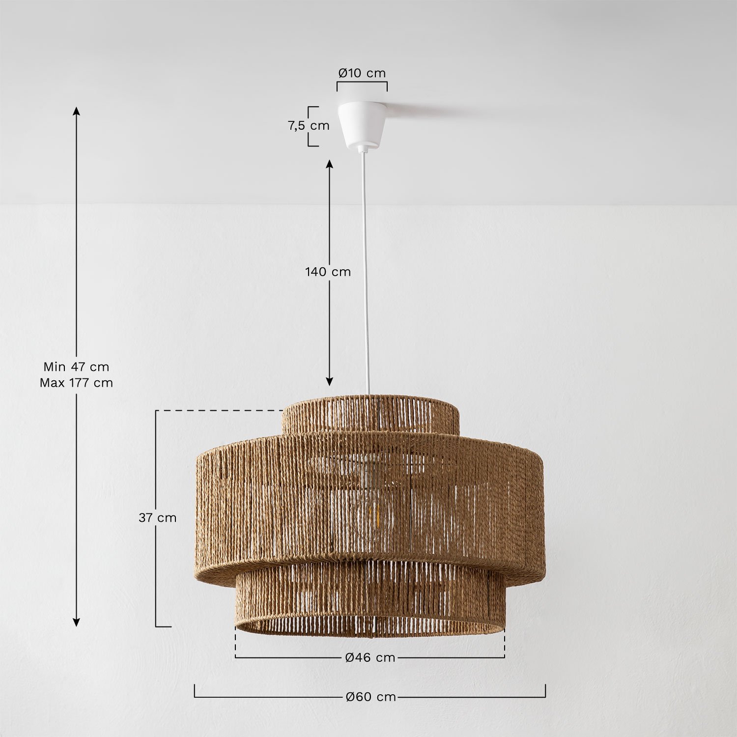 Zewnętrzna lampa sufitowa Kena z plecionego papieru, rozmiary