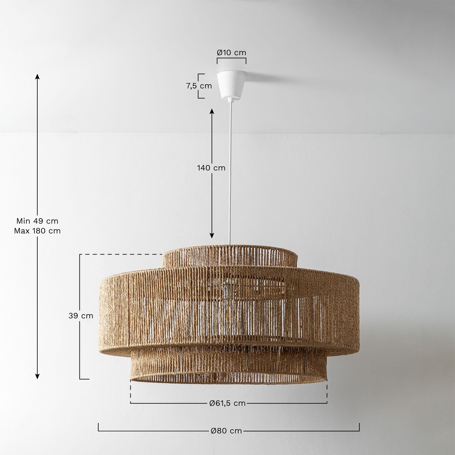 Zewnętrzna lampa sufitowa Kena z plecionego papieru, rozmiary