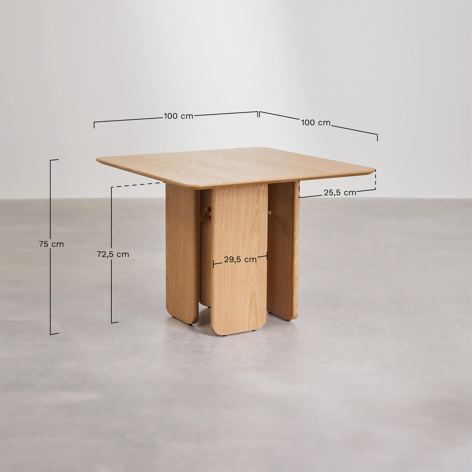 Kwadratowy stół jadalniany 100x100 cm z MDF i okleiny jesionowej Ginger, rozmiary