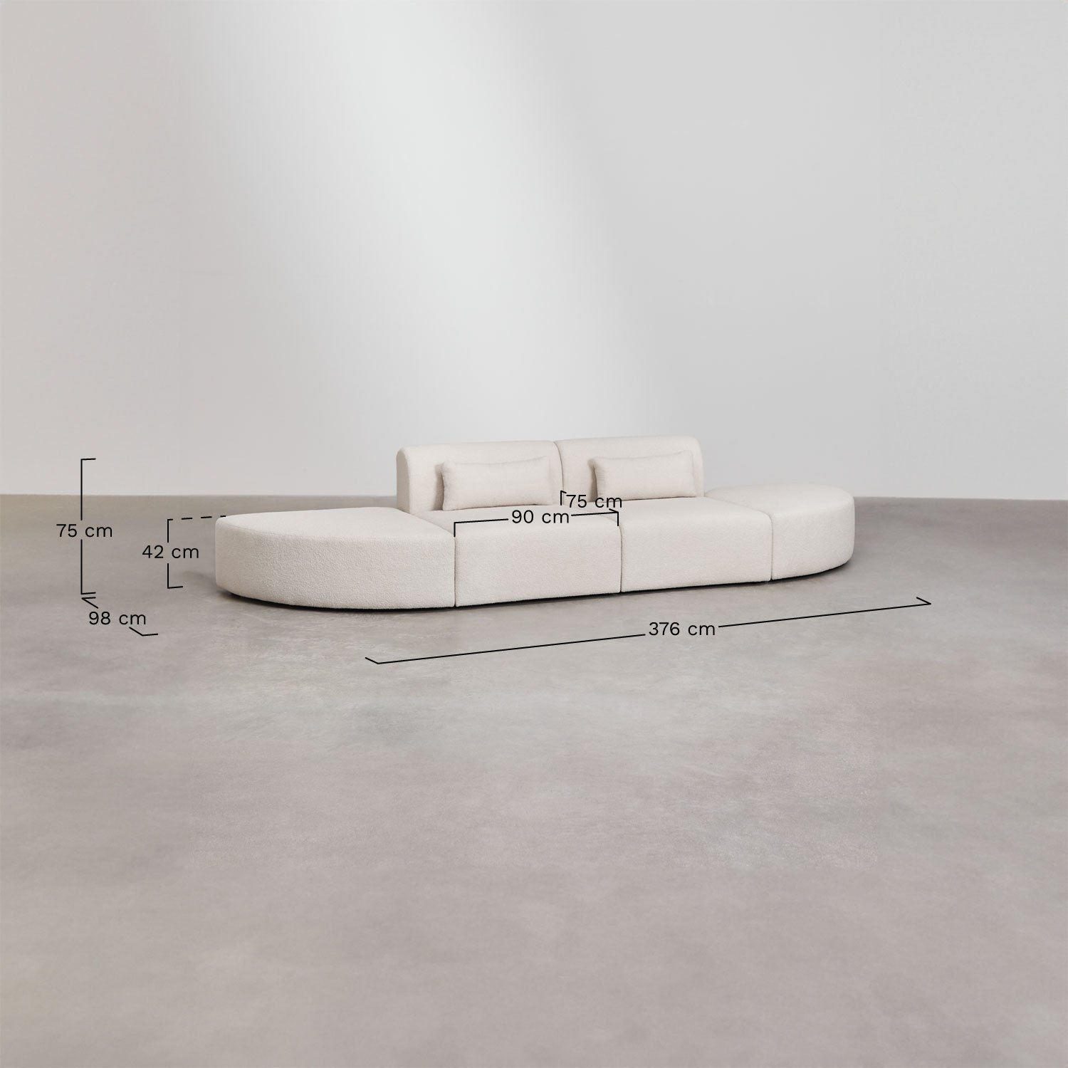 Modułowa sofa 2-częściowa z 2 trójkątnymi pufami w tkaninie bouclé Borjan, rozmiary