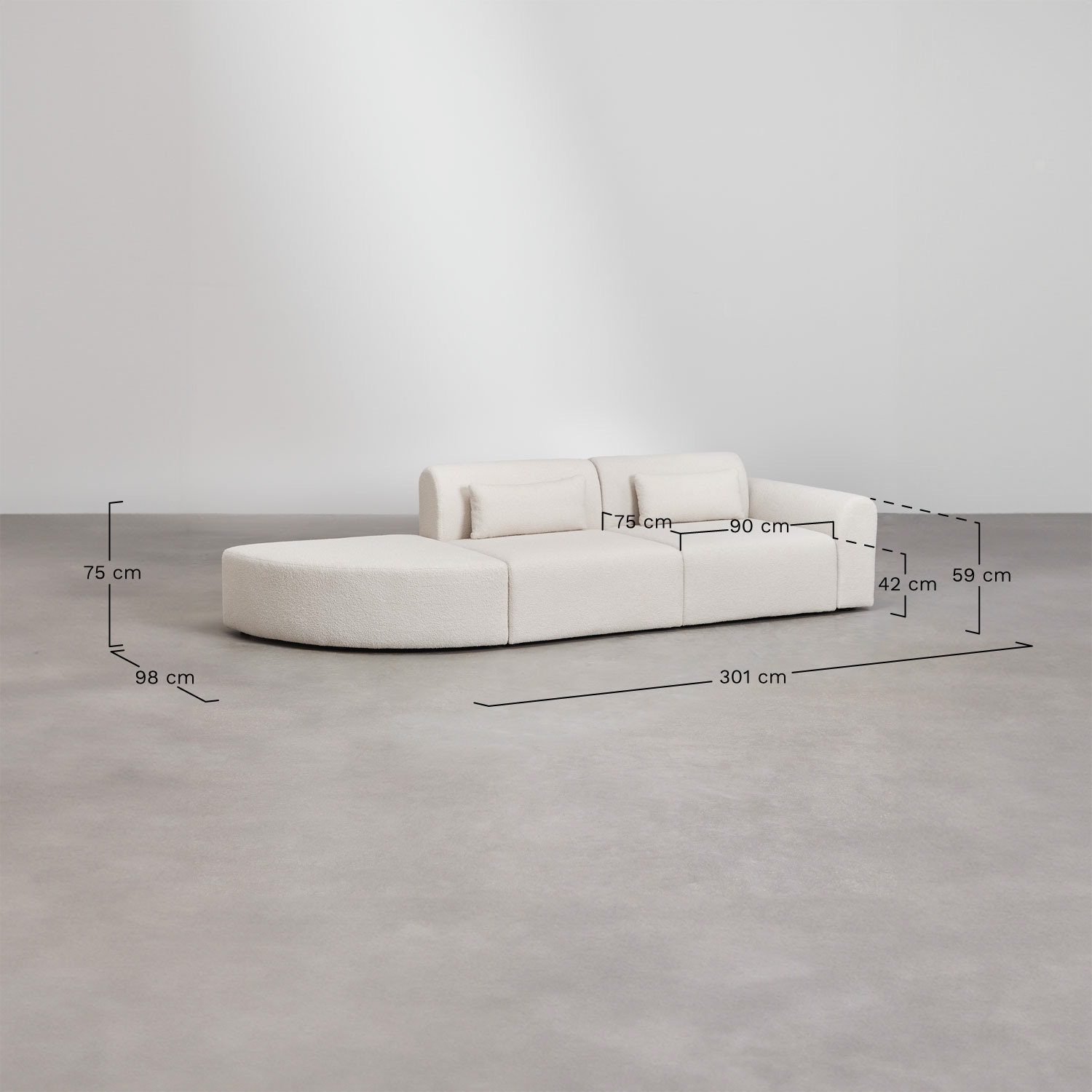 Dwuczęściowa prawa narożnik modułowa z trójkątną pufą z obicia Borjan, rozmiary