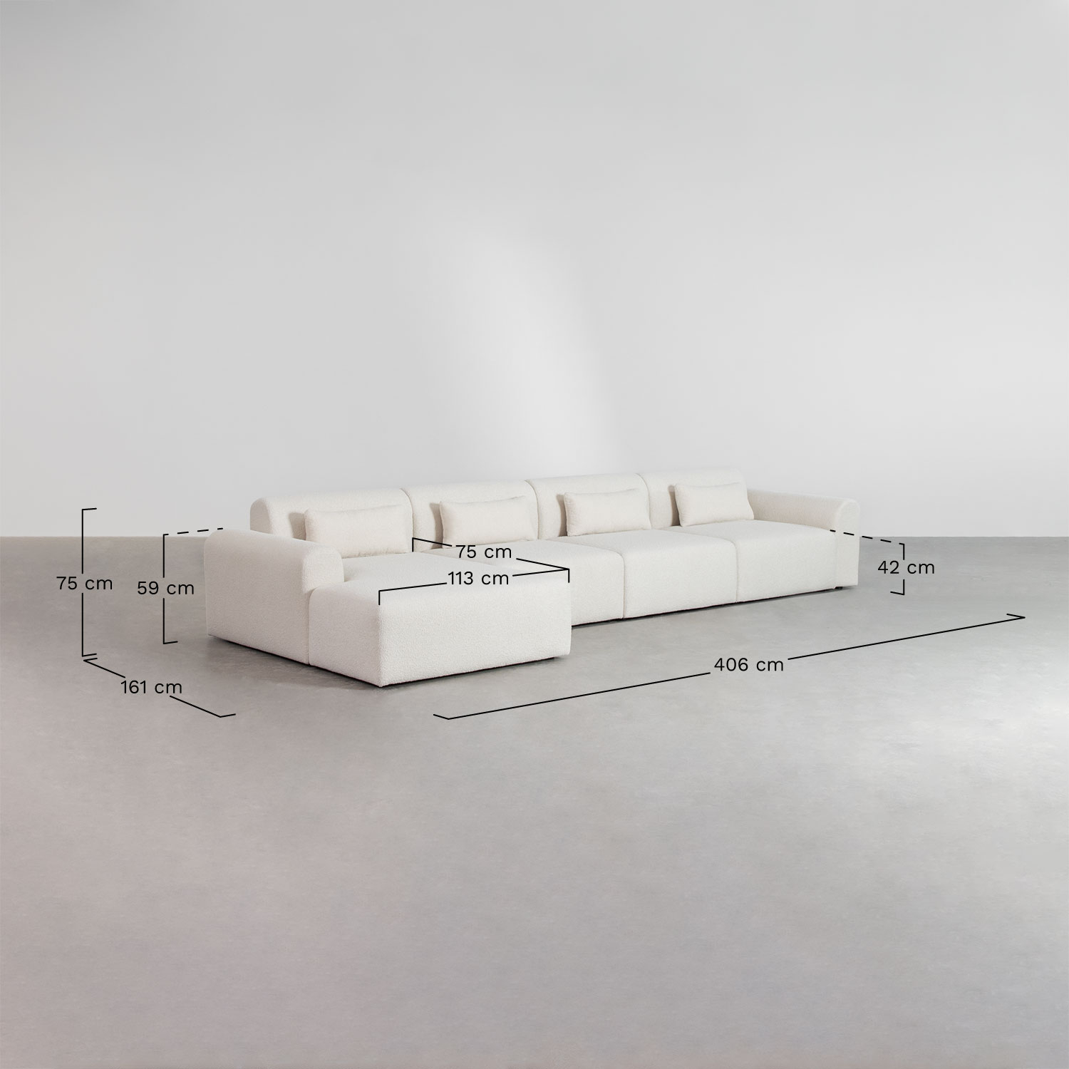 Czteroczęściowa sofa modułowa z lewą szezlongą w tkaninie bouclé Borjan, rozmiary