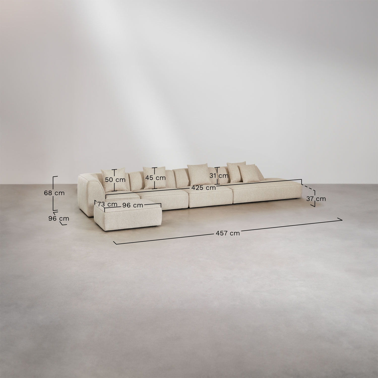 Sofa modułowy narożny 4-częściowy z prawym szezlongiem i tapicerowanym pufem Cardea, rozmiary