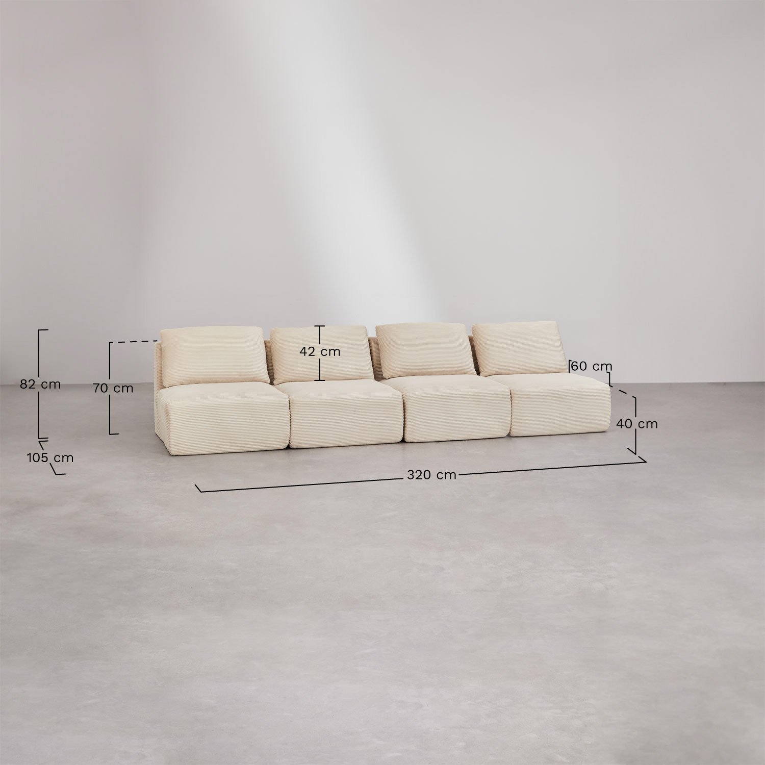 Sofa modułowy 4-częściowy z weluru pakowany próżniowo Temple, rozmiary